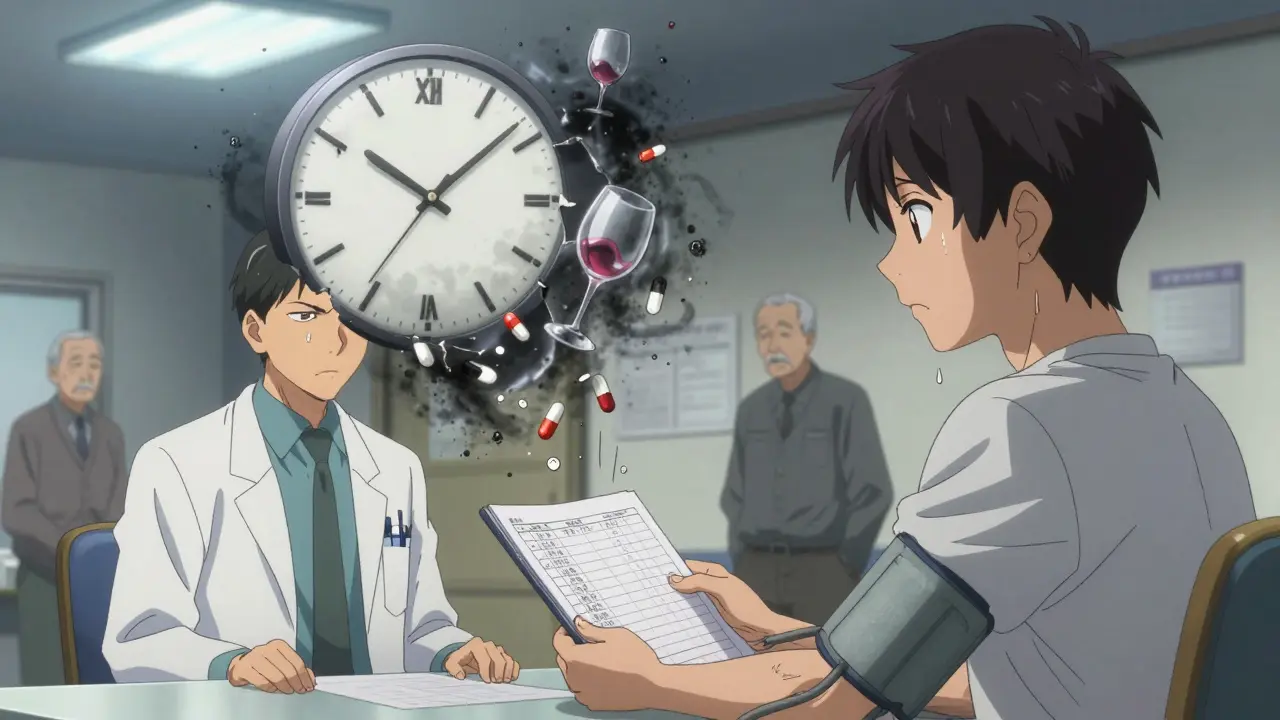 Doctor and patient at clinic, blood pressure log in hand, floating pills and wine glasses dissolve into dark particles behind them.