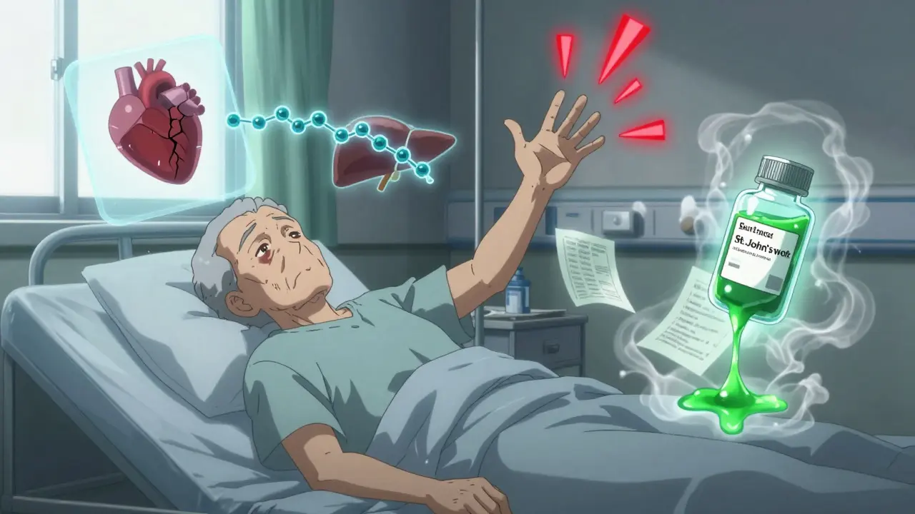 Elderly patient surrounded by floating medical icons of heart valve failure and toxic herbal interactions.