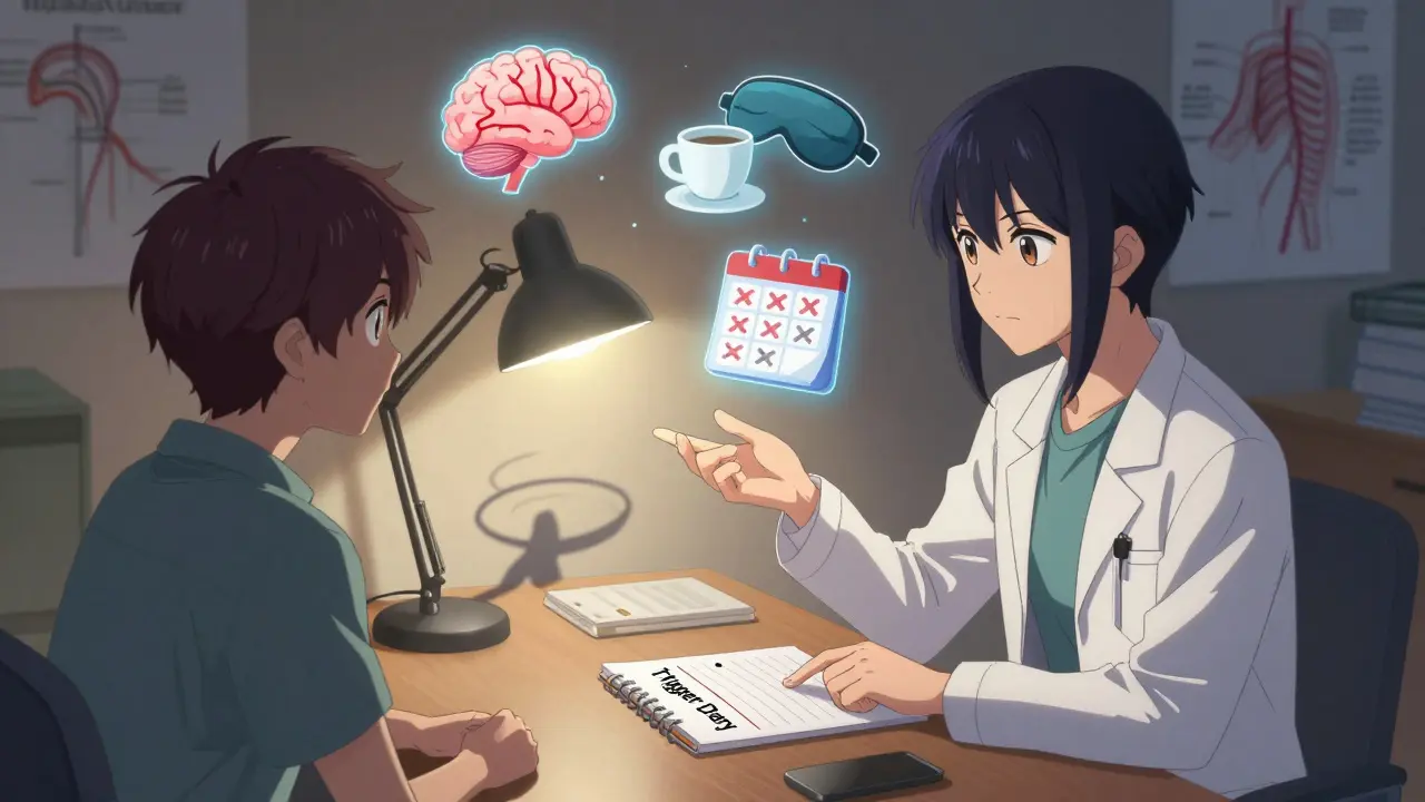 Neurologist and patient reviewing trigger diary with floating migraine symbols.