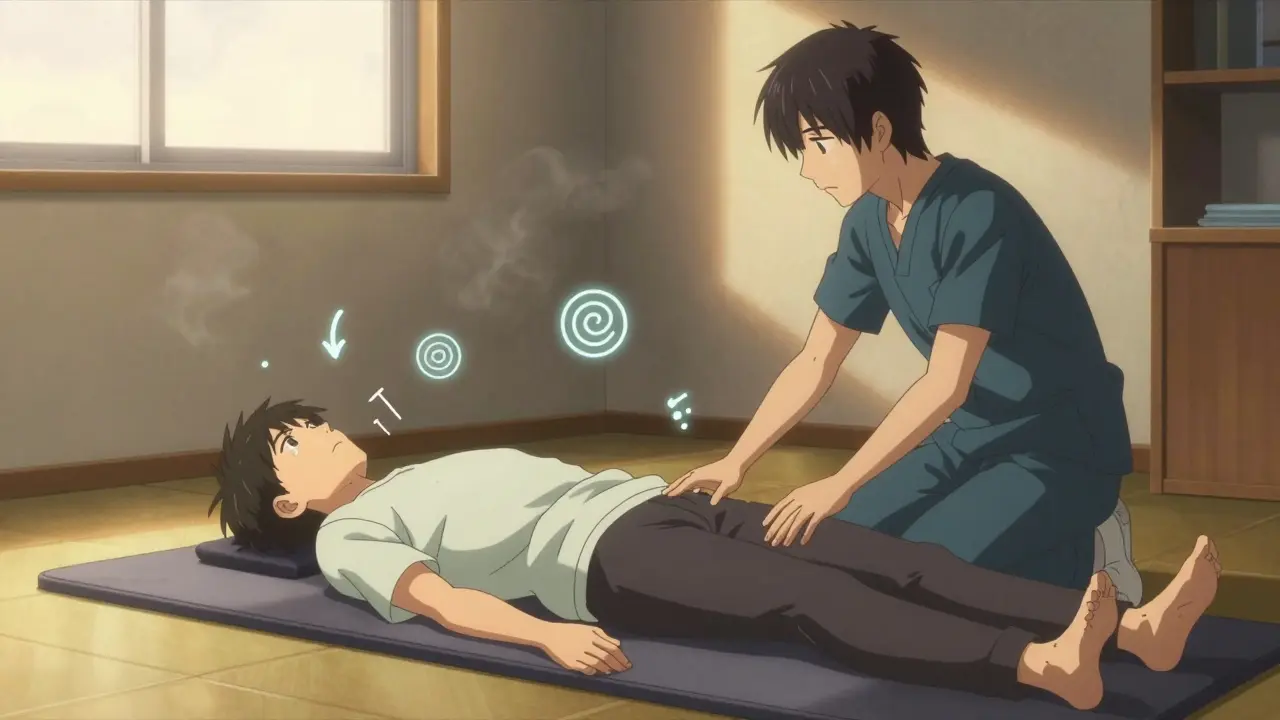 Patient performing vestibular rehab exercises at dawn with floating balance glyphs.