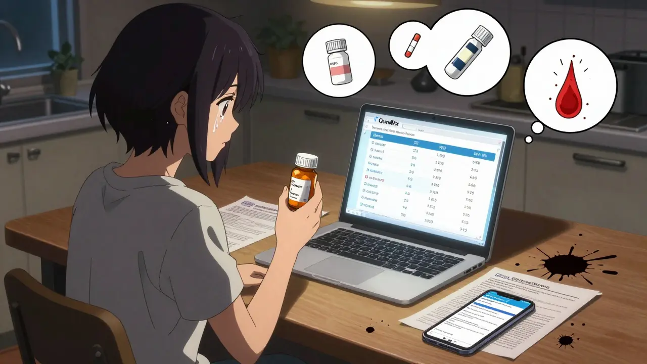 Patient reviewing pill bottle and price comparison at kitchen table at night