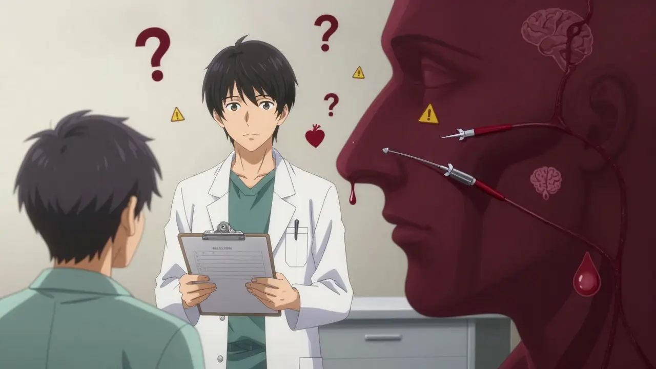 Pharmacist and patient in clinic, nose with bleeding vessels being sealed by needles