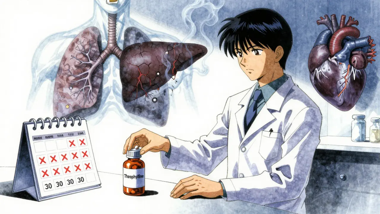 Pharmacist placing theophylline pills beside a calendar marked with monthly blood tests, ghostly lung and liver images fading behind.