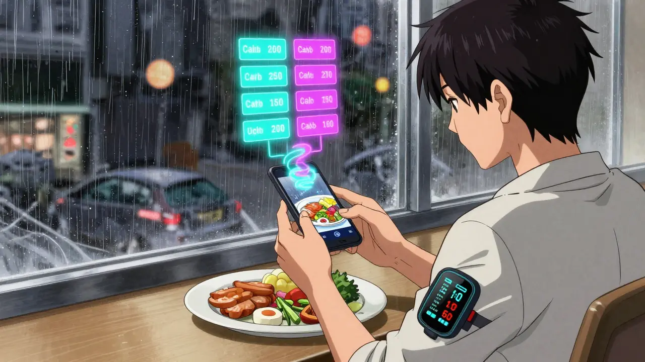 Someone scanning a meal with a smartphone, holographic carb and insulin data glowing above the food, CGM on arm.