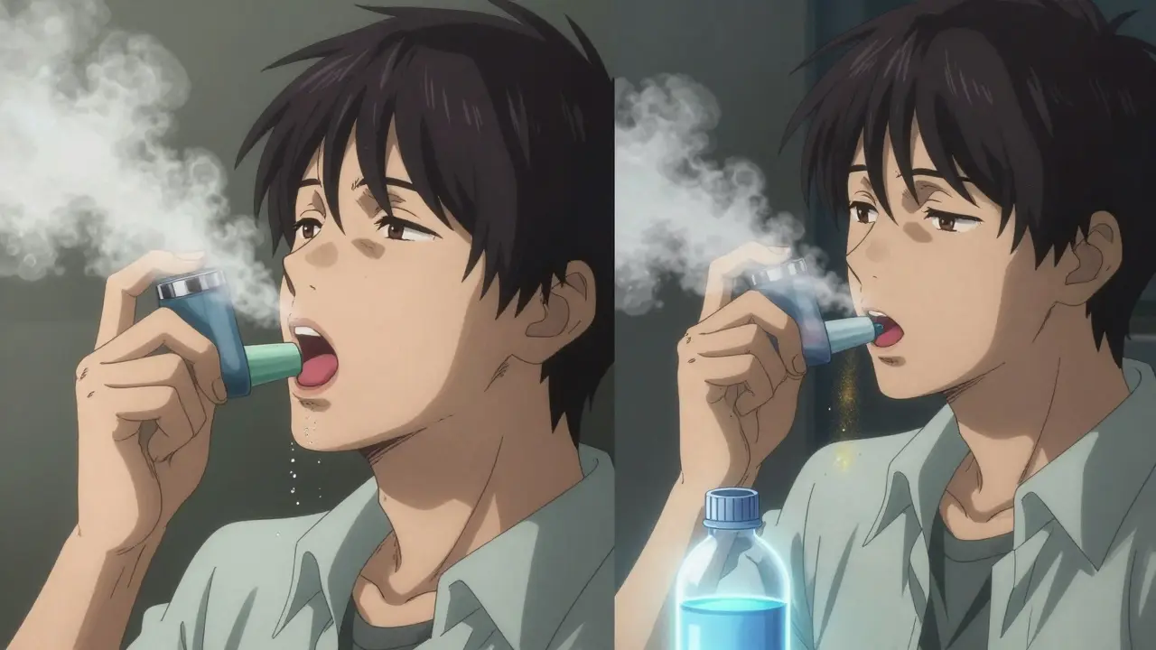 Split image: inhaler misting throat vs. spacer directing medicine to lungs, water bottle beside.