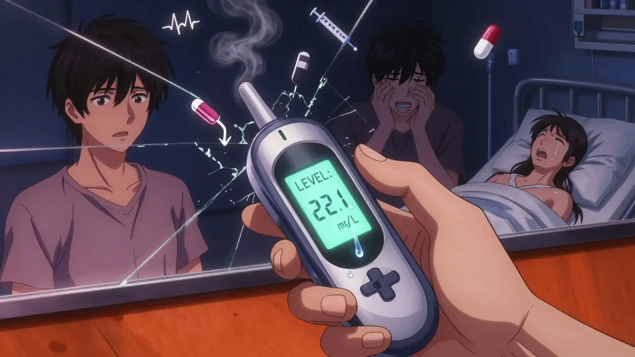 Trembling hand with a handheld tester showing toxic level, mirrored reflections of health, seizure, and ICU in background.