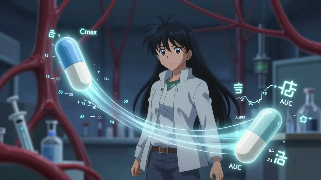 Two floating pills releasing light ribbons showing Cmax and AUC curves with statistical symbols.