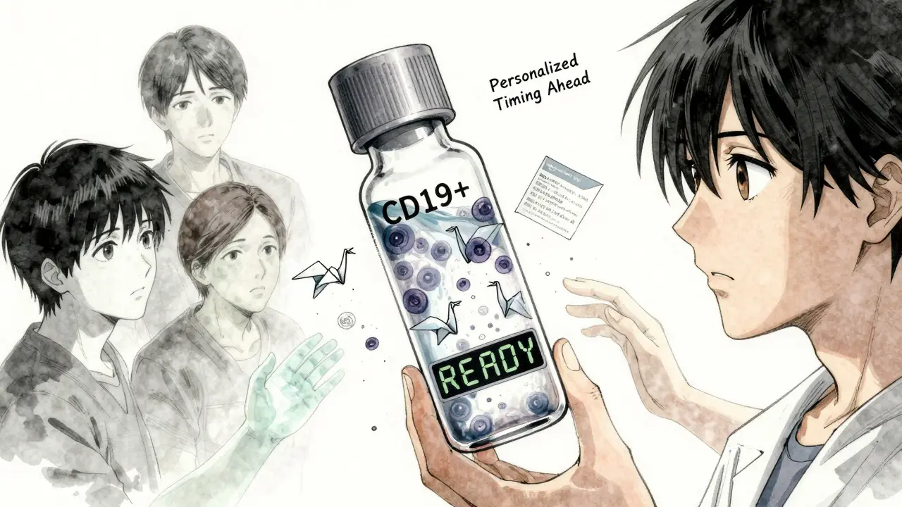 A blood vial with reforming B-cells floats as a countdown reads 'READY', while patients reach toward it.