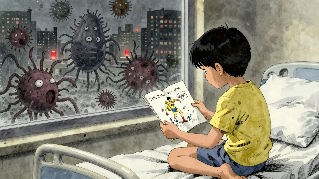 A child on a hospital bed staring at a comic where an antibiotic superhero falls, while bacteria loom behind, rendered in somber tones and emotional ink linework.