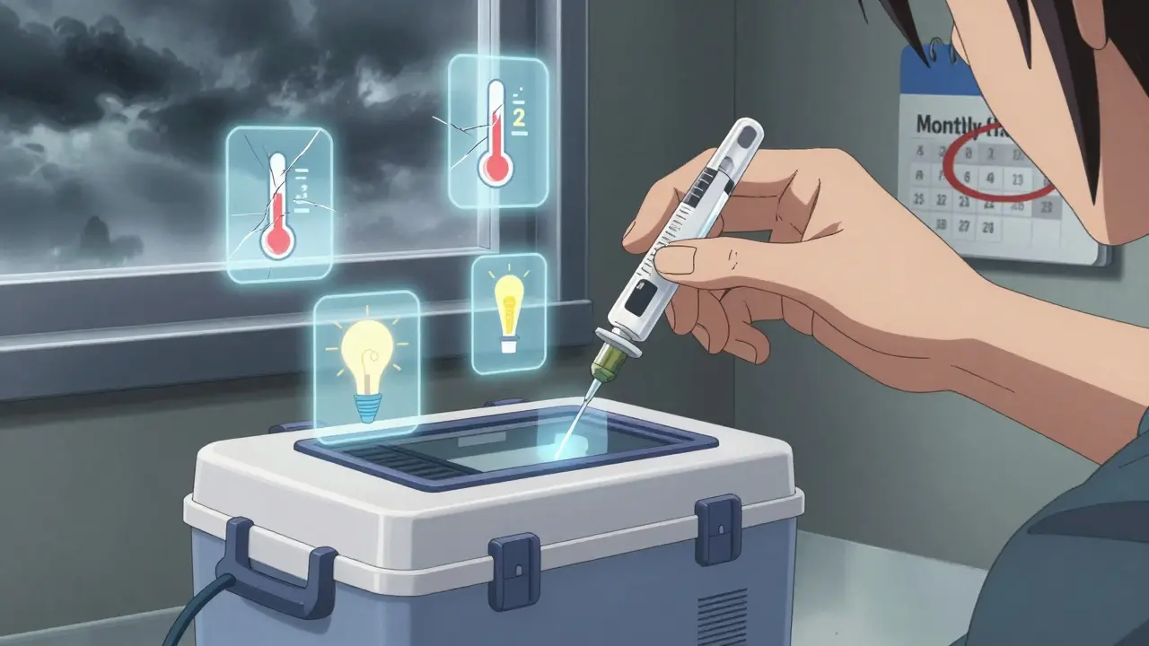 A hand placing an insulin vial into a battery-powered cooler, with temperature and humidity icons fading around it.