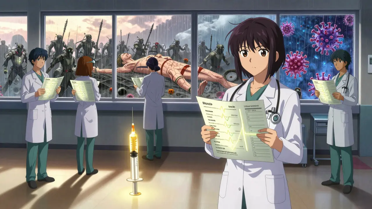 A medical team stands in a hospital corridor with glowing timelines showing vaccine timing for immunosuppressed patients.