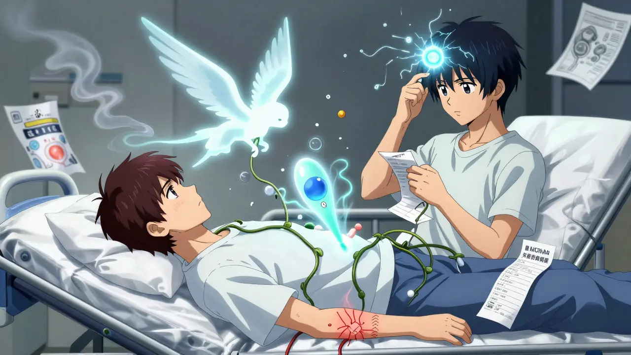 A patient with CGRP burst from their temple as new migraine drugs gently remove constricting vessels from their arteries.