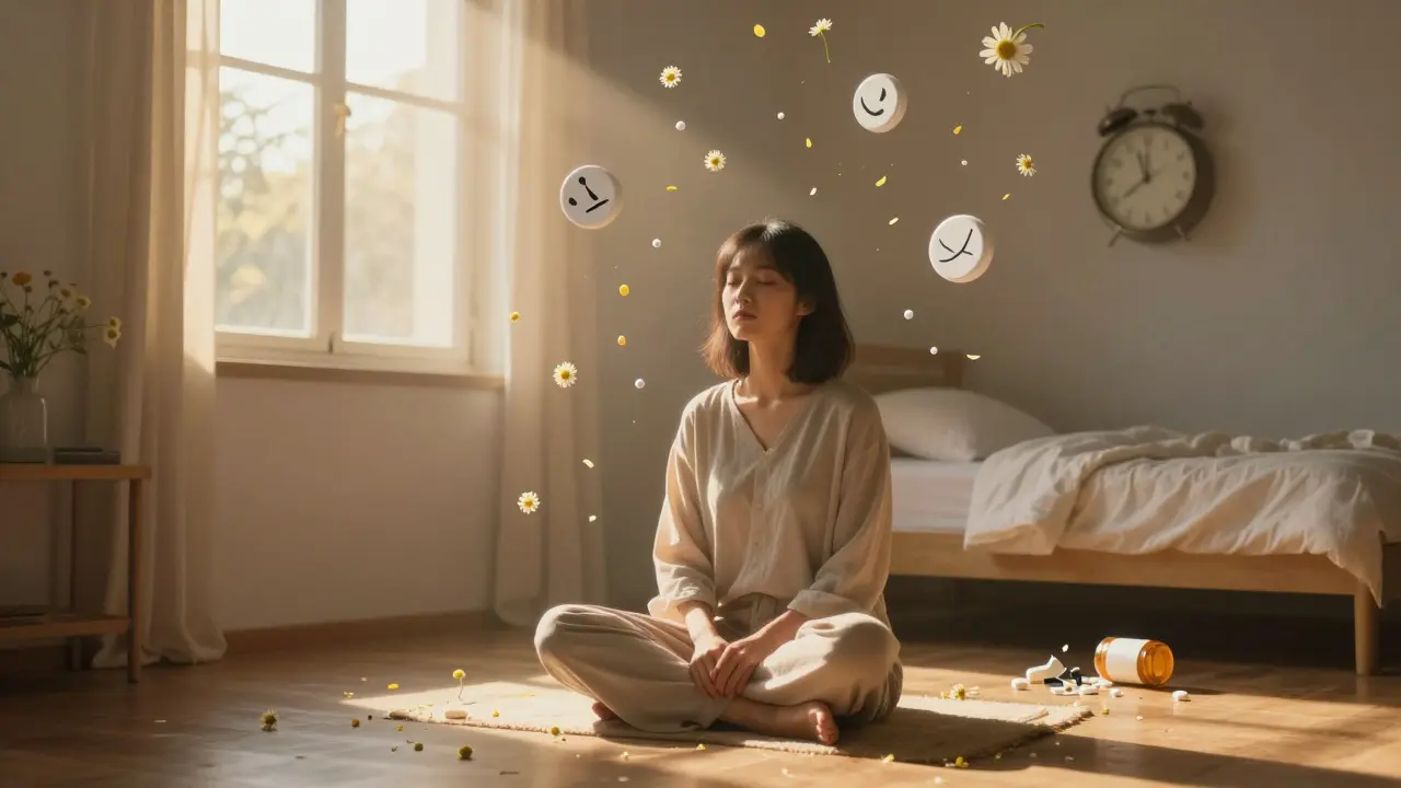 A person meditating at dawn as sleep aid symbols fade away, replaced by calm light and natural elements.