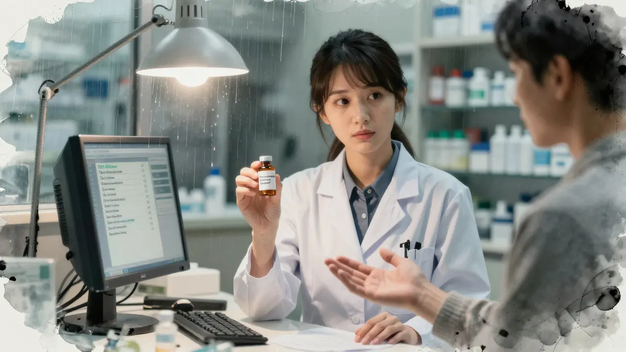 A pharmacist and patient in a quiet pharmacy, holding two similar vials under a warm lamp, with glitching EHR screens in the background.