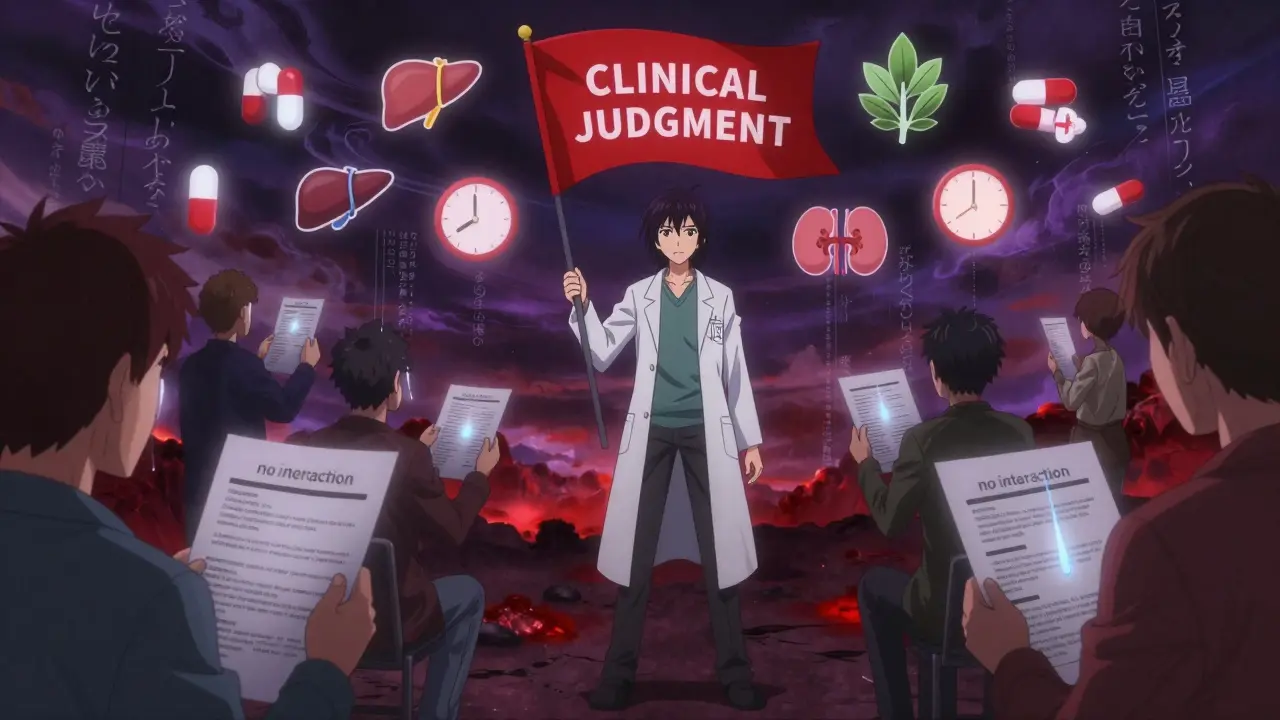 A pharmacist stands calm amid floating medical icons and patient printouts, holding a red flag labeled 'CLINICAL JUDGMENT'.