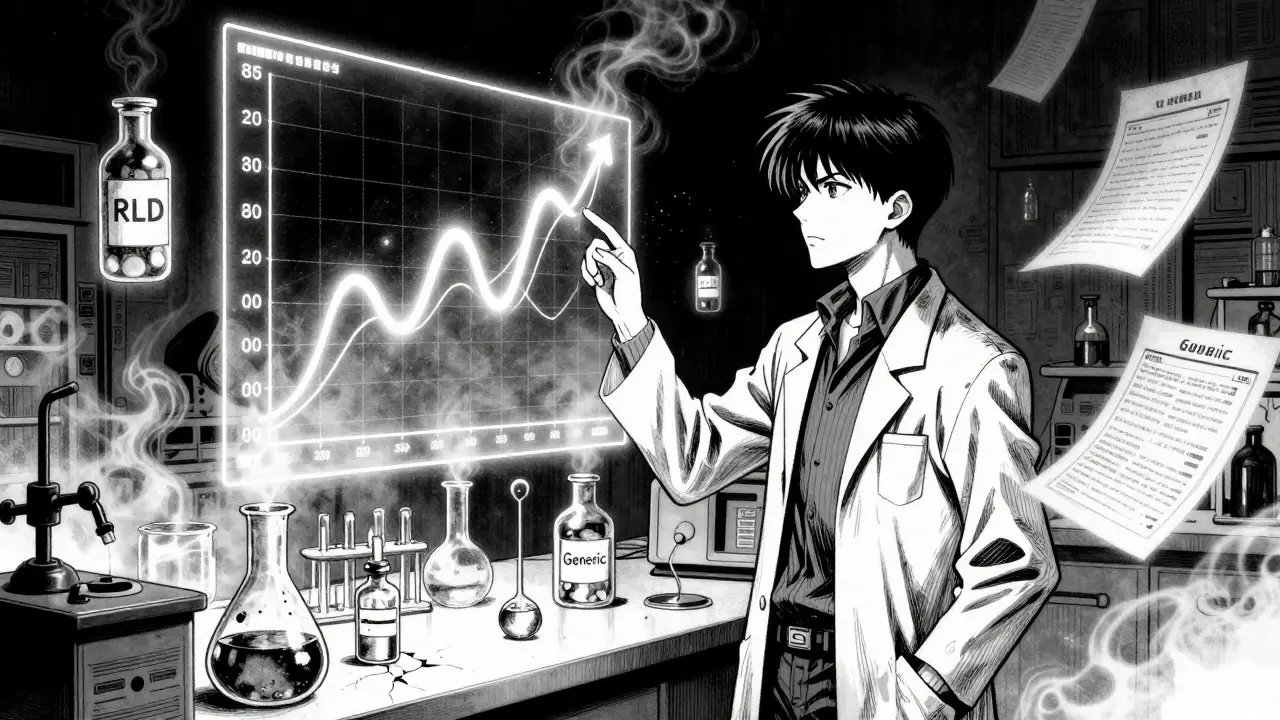 A scientist studying a glowing bioequivalence graph shaped like twisting tendrils, surrounded by floating drug vials and dissolving patents.