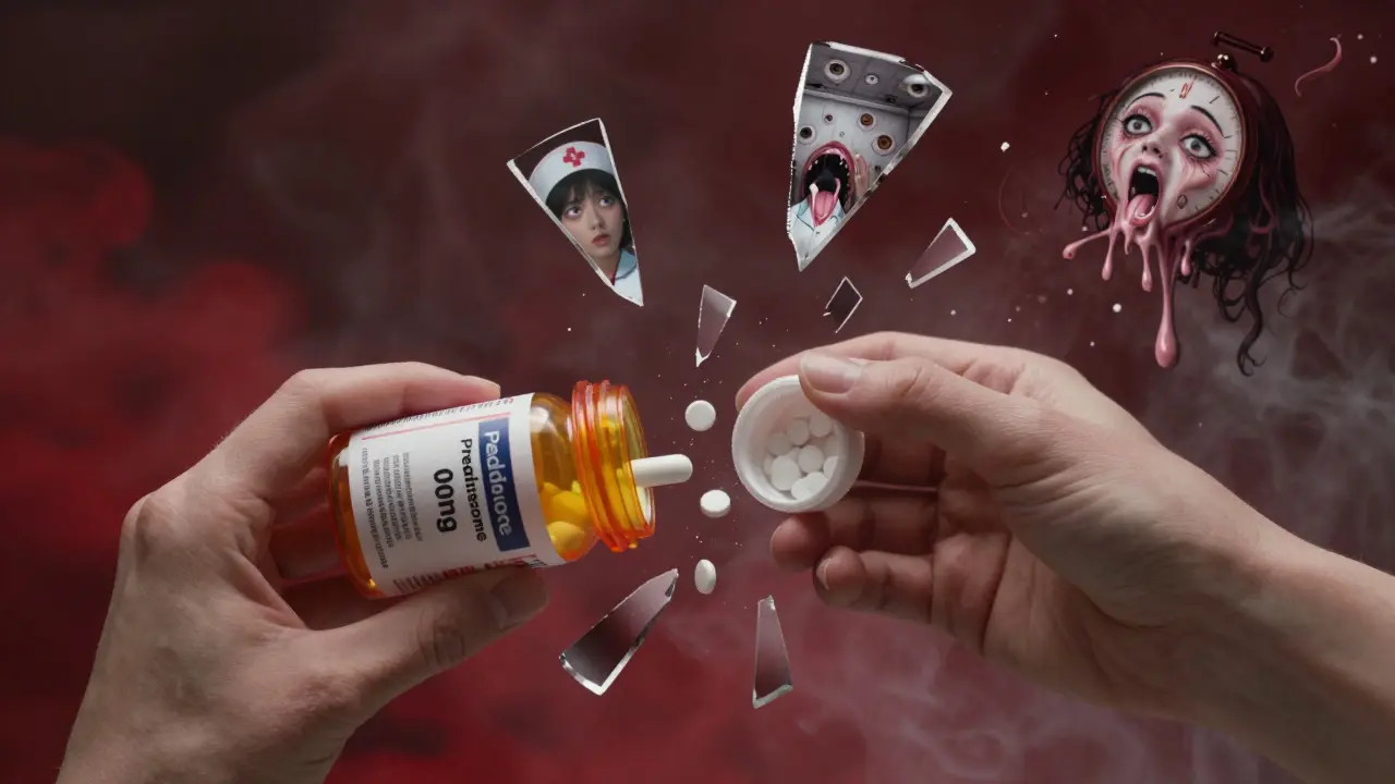 A shattered prednisone pill bottle with floating hallucinations reflected in each shard, dark and surreal background.