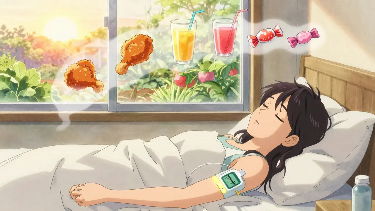 A sleeping patient with a steady glucose reading, while ghostly sugary meals fade away in the morning light.