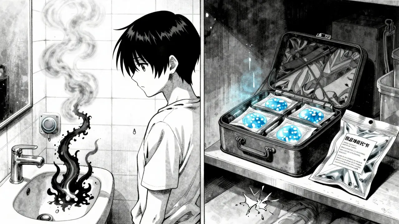 A split scene contrasting a damp, decaying bathroom with a dry, organized emergency kit in a cool closet.