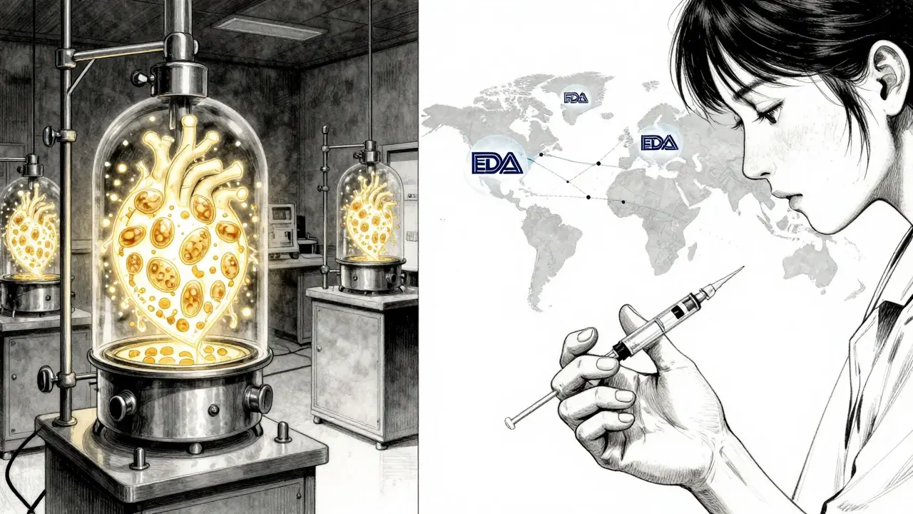 A split scene showing bioreactors producing biosimilars on one side and a patient receiving an injection with clinical trial paths on the other.