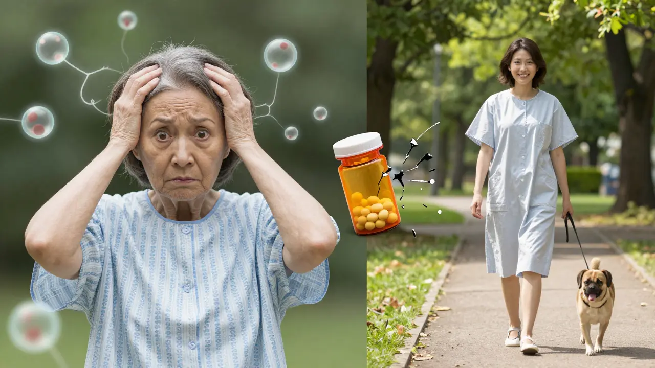 An elderly woman confused as ghostly molecules surround her, contrasted with her younger self walking in sunlight.