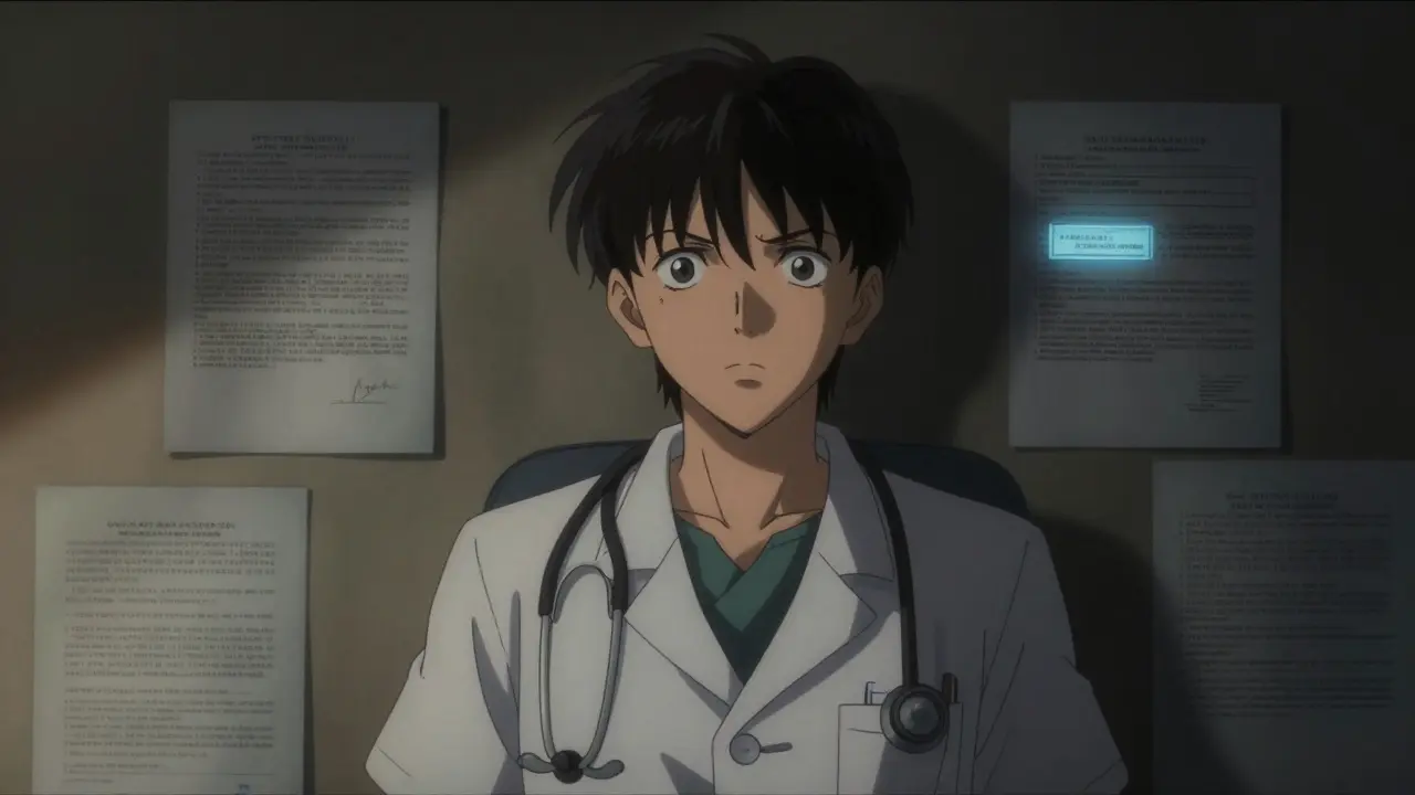 Healthcare worker focusing on highlighted boxed warning among scattered documents