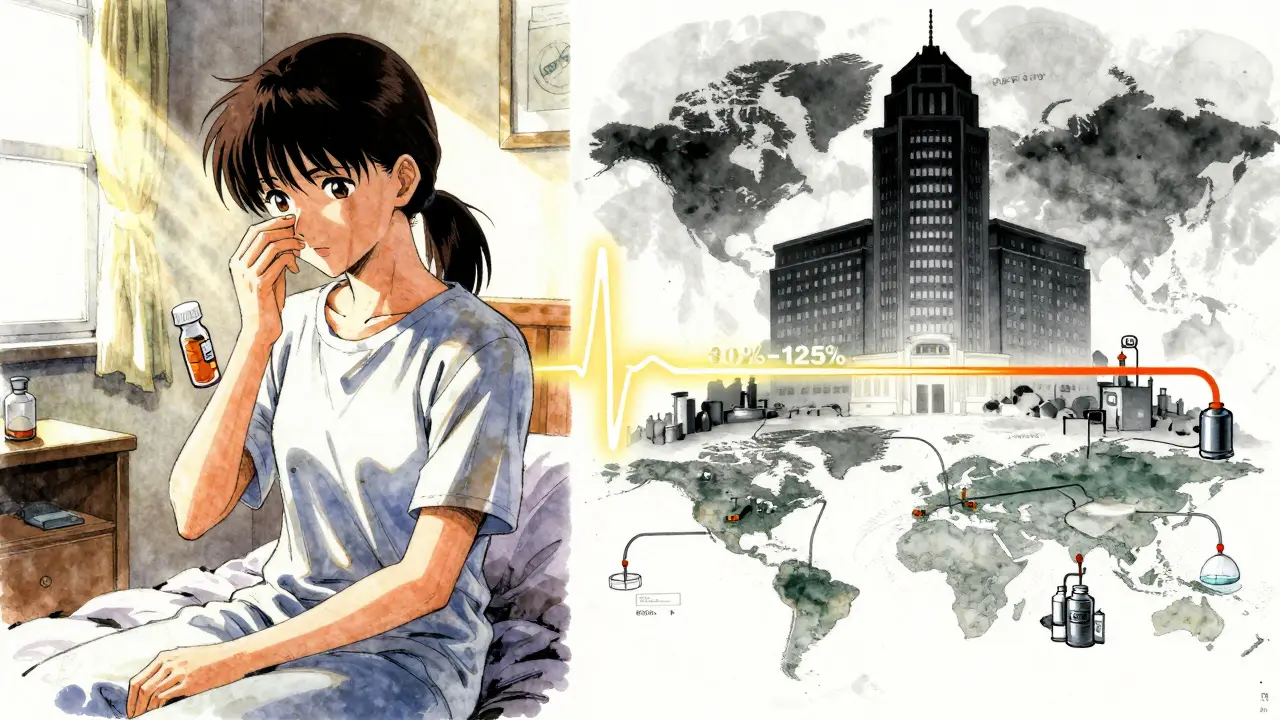 Patient holding generic pill next to FDA building overseeing global drug supply chains.