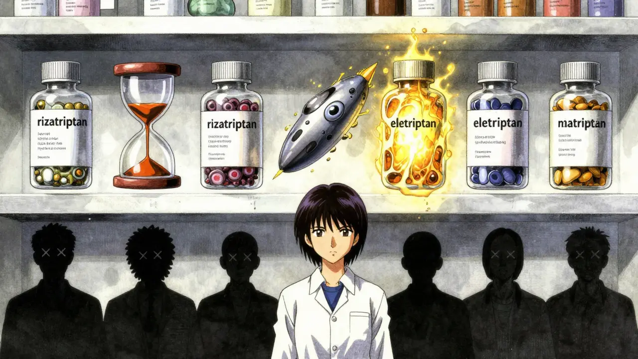 Seven floating triptan medications with biomechanical designs, each representing different absorption rates and effects.