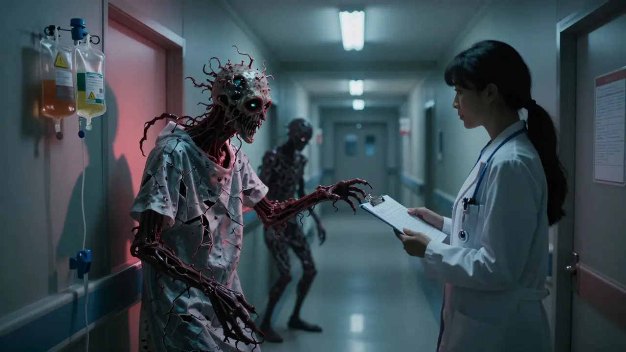 Shadowy bacterial entities emerging from hospital gowns and medical charts in a cold, flickering corridor, with glowing eyes and distorted shadows.