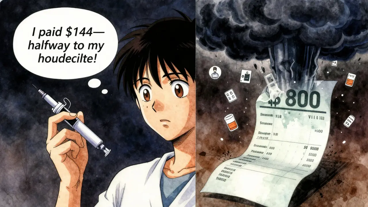 Split scene: person thinking copays reduce deductible while hospital bill looms overhead.