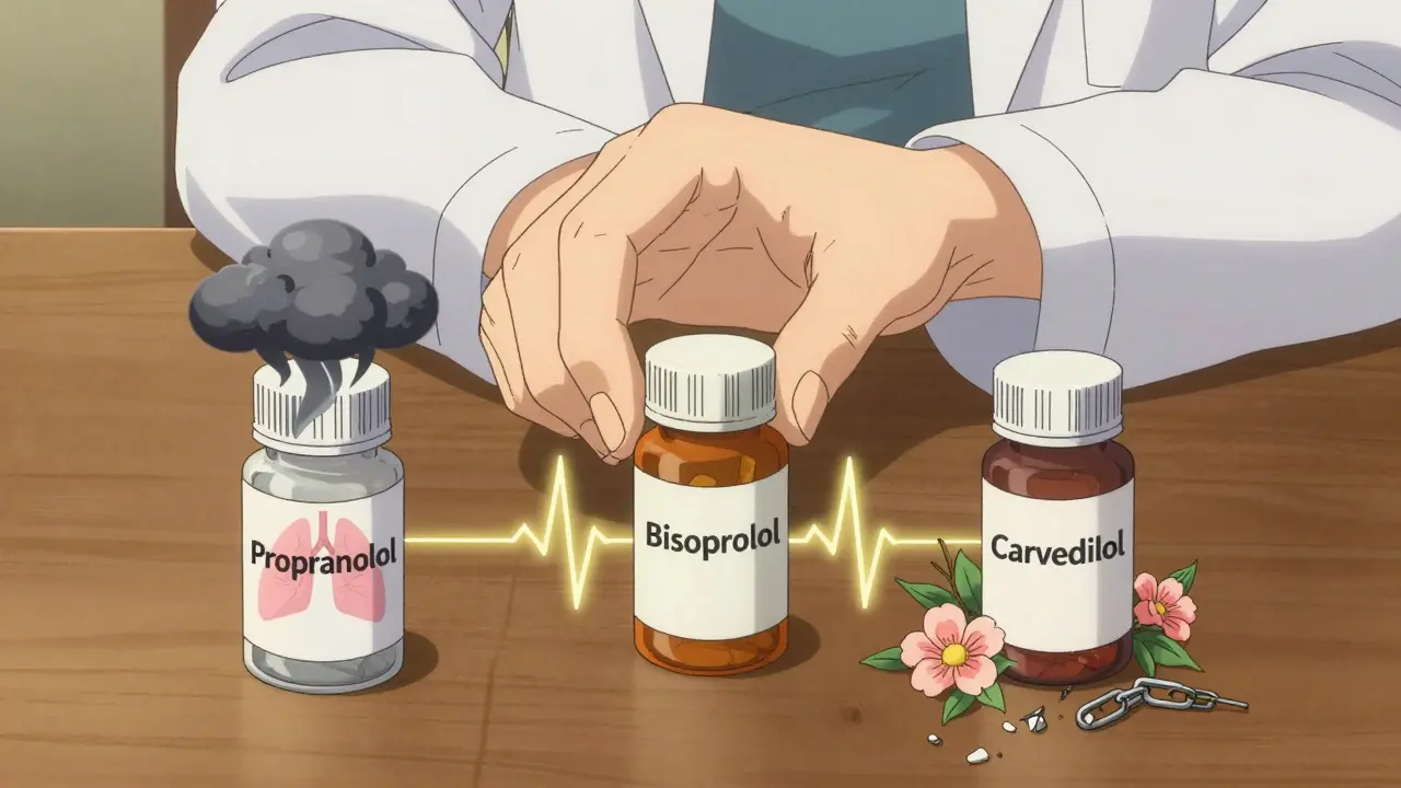 Three beta-blocker pill bottles on a table, each with symbolic imagery representing their unique effects on the body.
