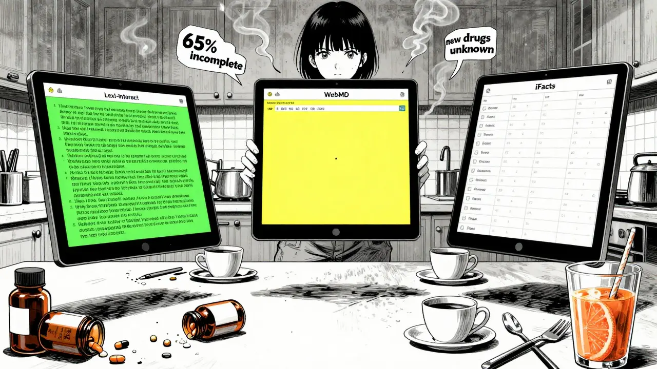 Three digital drug checker interfaces floating above a kitchen table with pill bottles and grapefruit juice, surreal data smoke.