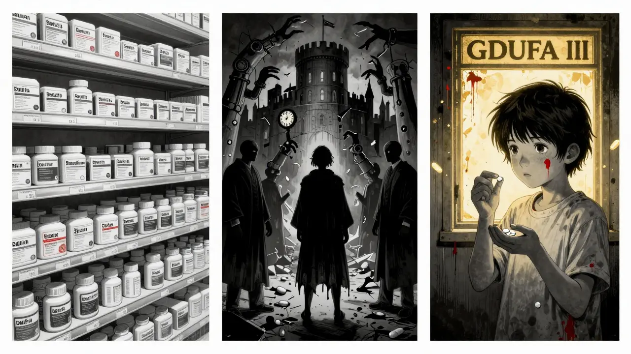 Three parallel worlds: a pharmacy shelf, a patent fortress, and a child holding an affordable pill under a golden light.