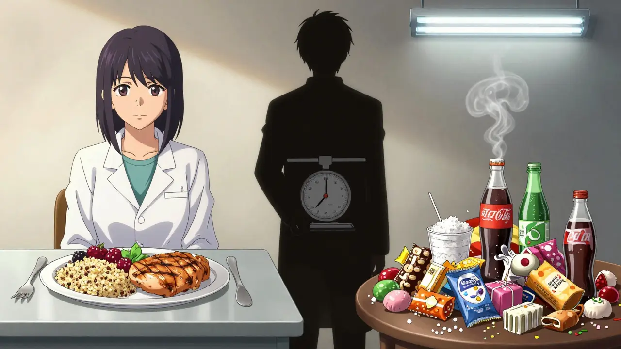 Two contrasting meals shown side by side, one healthy and one sugary, with a symbolic scale between them.