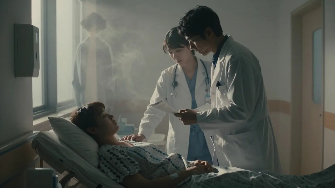 Two doctors gently caring for a sleeping patient as fading ghostly hallucinations disappear in dawn light.