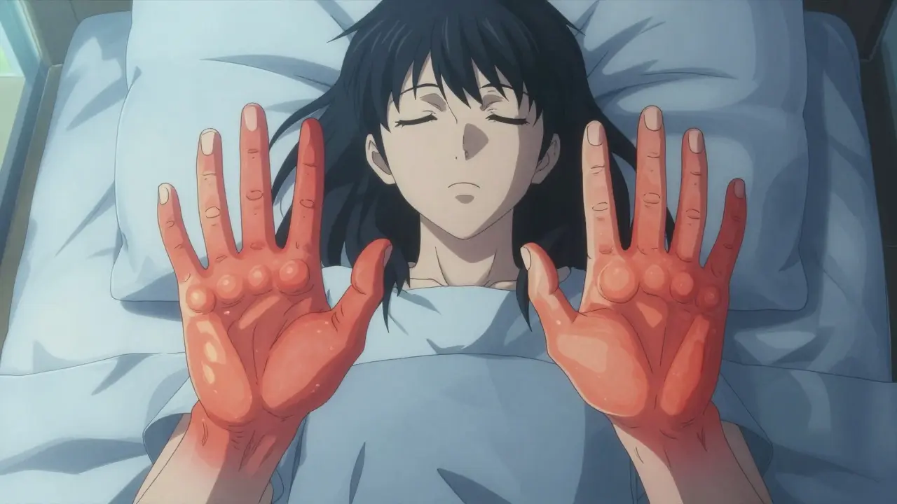 Woman with symmetrical hand swelling and morning stiffness, rheumatoid arthritis symptoms.