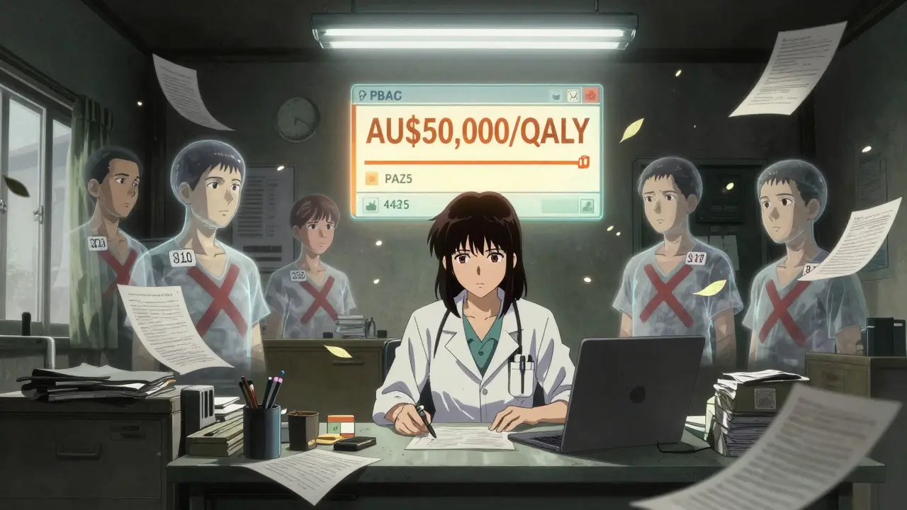 A doctor surrounded by floating patient faces and a PBAC cost threshold, symbolizing bureaucratic pressure.