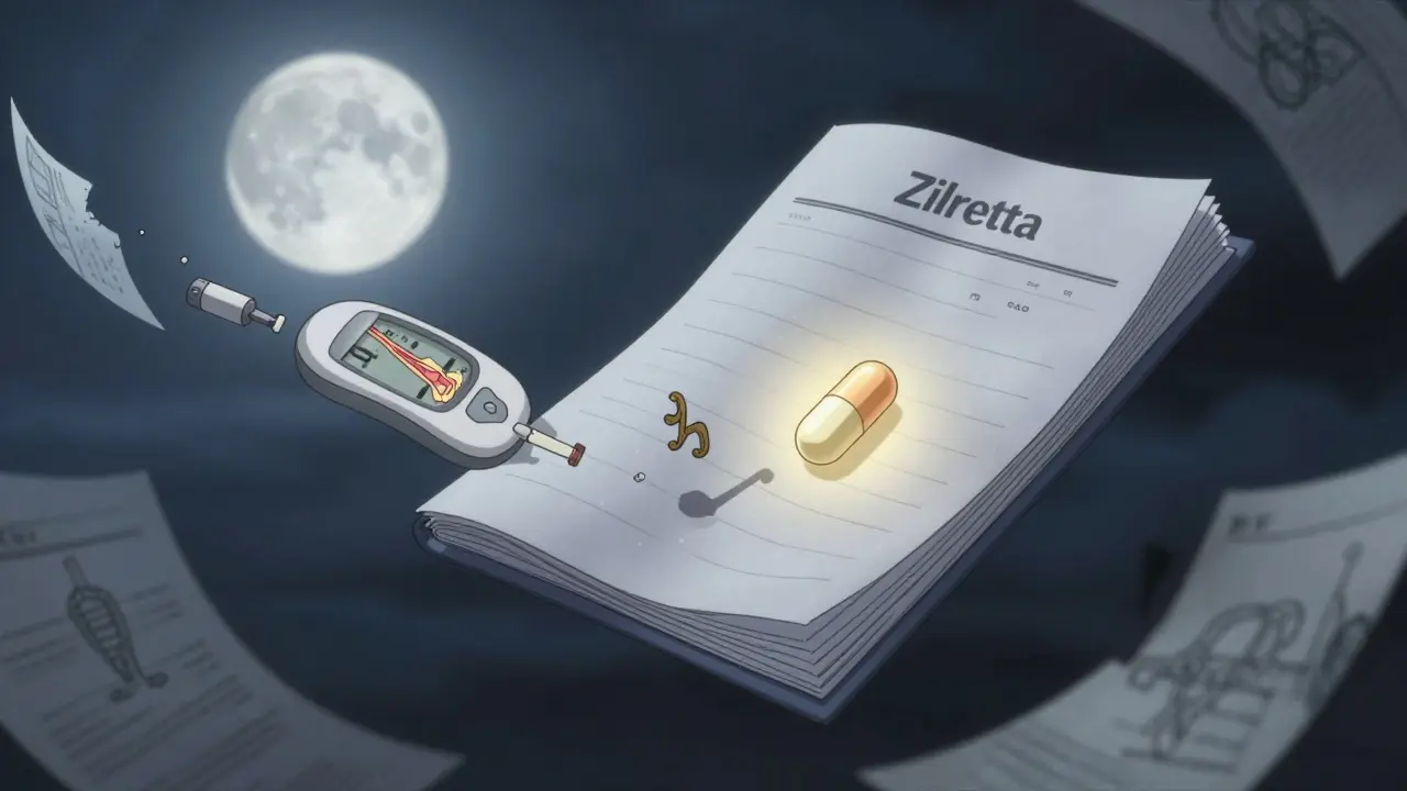A floating medical journal dissolving into symbols of tendon damage, diabetes, and a glowing extended-release injection capsule.