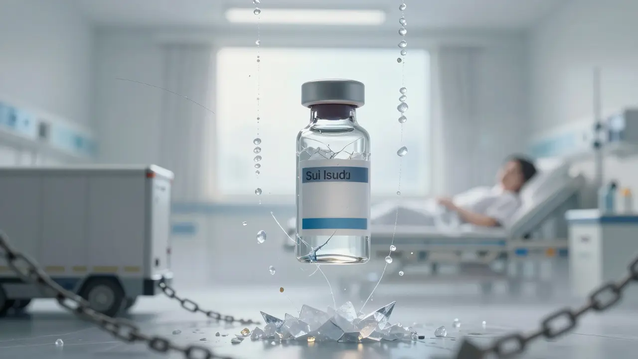 A fragile vial of medicine hovers amid floating sugar chains and cracked ice, under a distant hospital window.