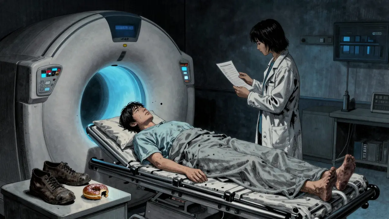 A patient undergoing MRI in a dim hospital room, with blood test results and old shoes on the table, conveying diagnostic tension.