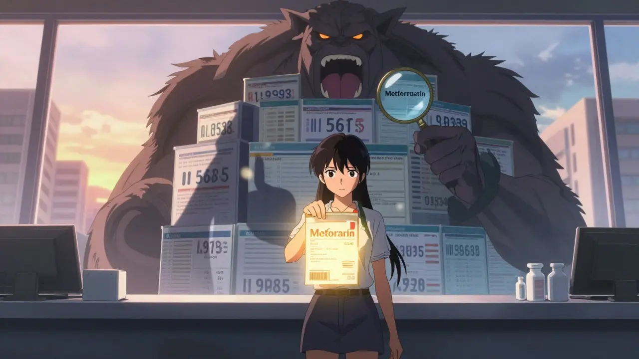 A person at a pharmacy receiving a mail-order prescription, with a multi-tiered formulary beast looming behind, dawn breaking in the window.