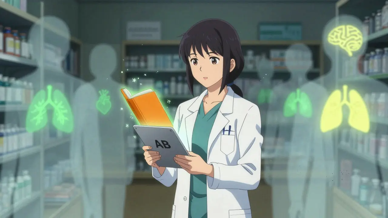 A pharmacist holds an 'AB' rated tablet as a glowing Orange Book floats nearby, with patient silhouettes and excipient particles drifting around them.