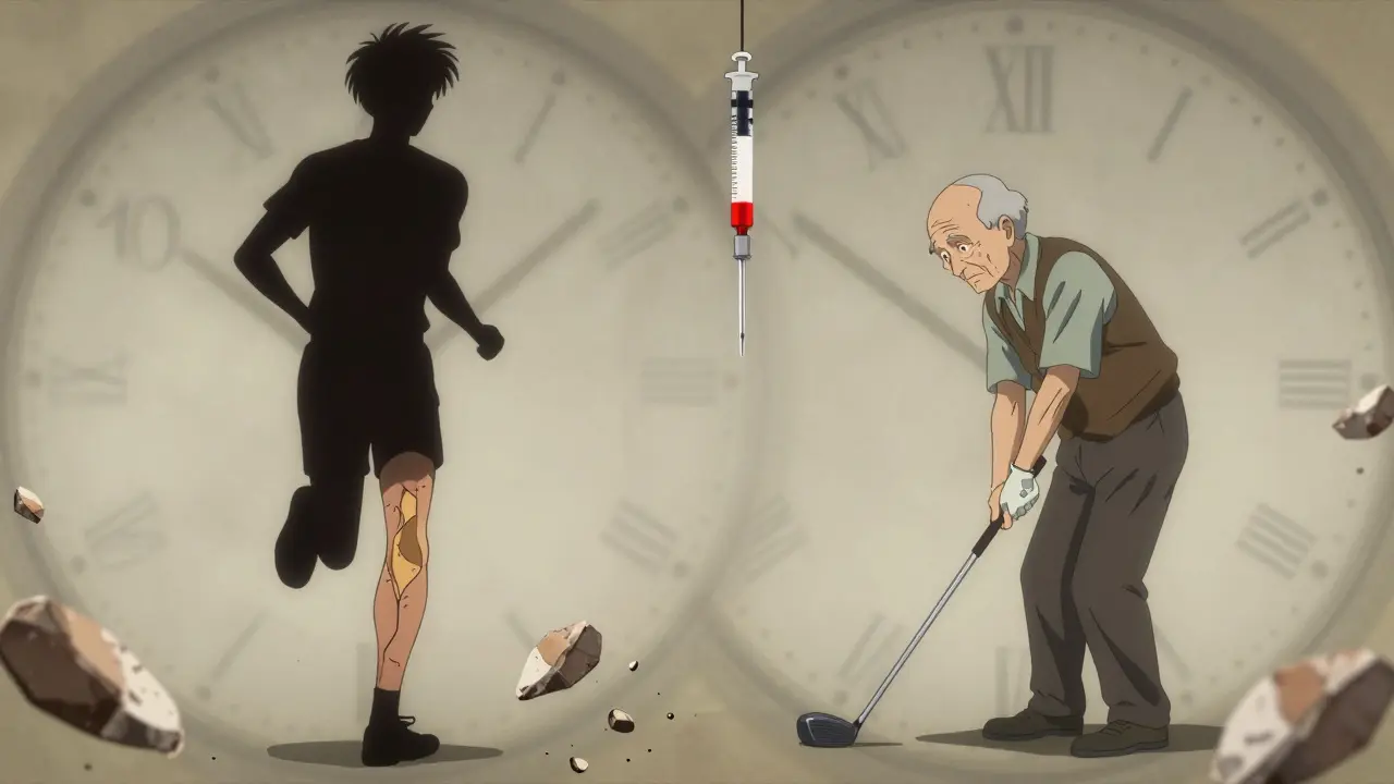 A runner and an elderly person side by side, surrounded by crumbling cartilage and fading clocks, symbolizing joint degeneration.