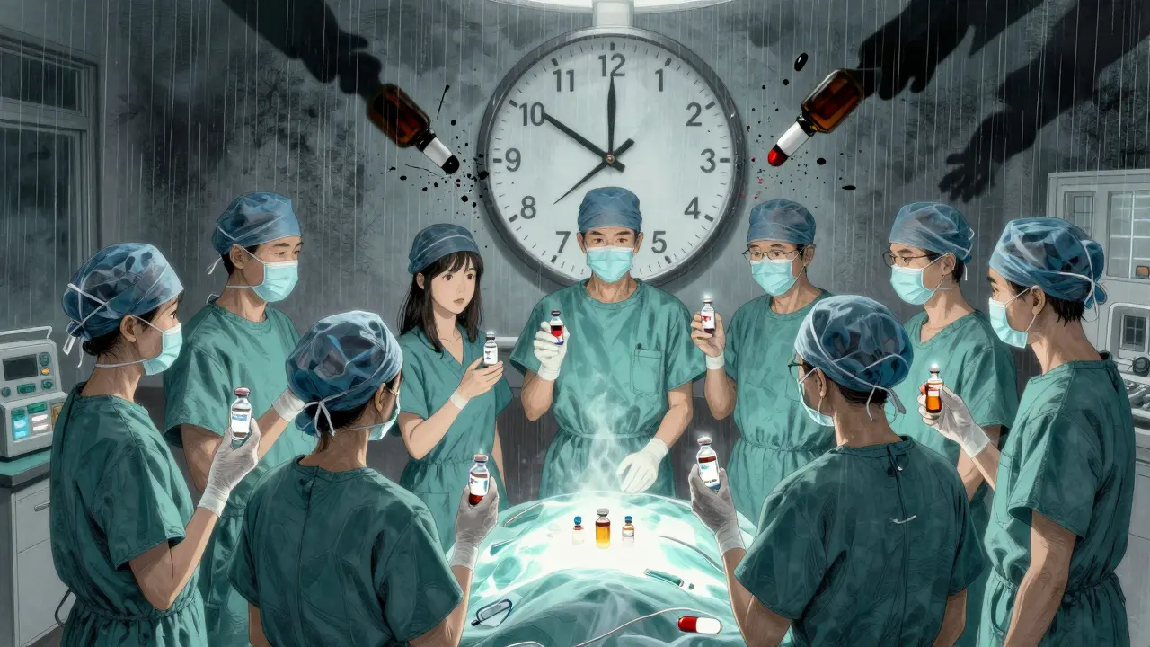 A surgical team holding non-opioid medications as opioid bottles shatter around them in a symbolic scene.