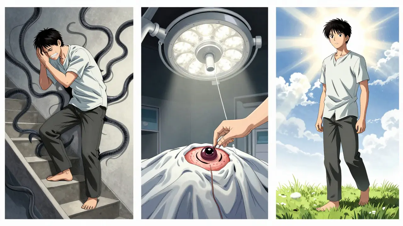 A three-panel visual showing acromegaly progression, surgery, and recovery — hands shrinking, shadows lifting, sunlight returning.