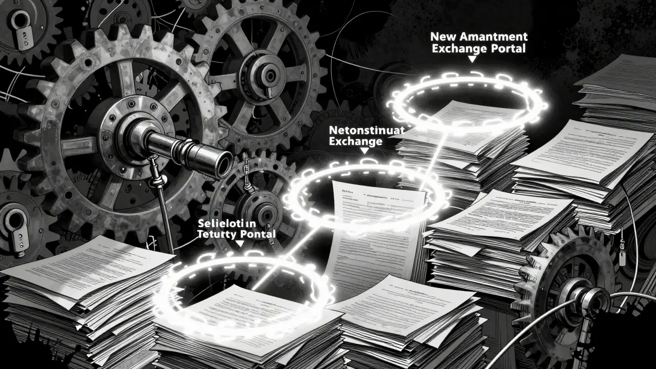 Abstract file sorting mechanism with gears and tiered rings.