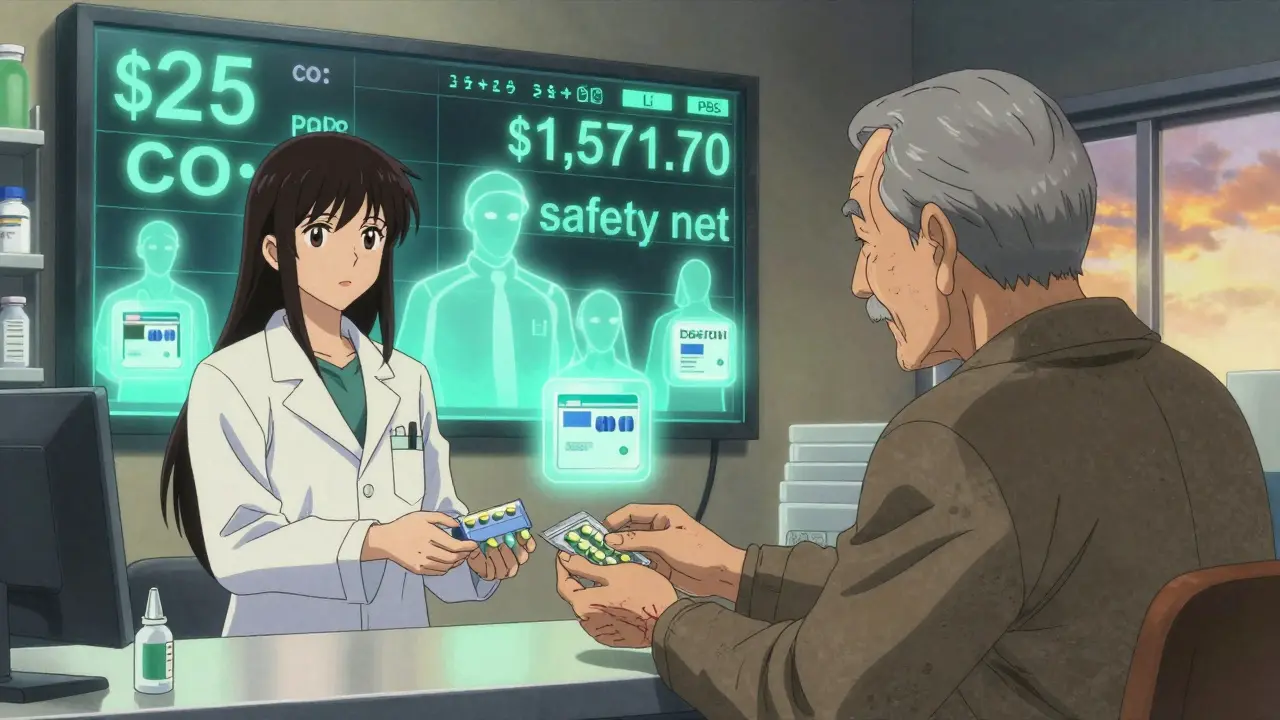 An elderly man receives generic medicine at a pharmacy as PBS pricing data glows behind the counter.