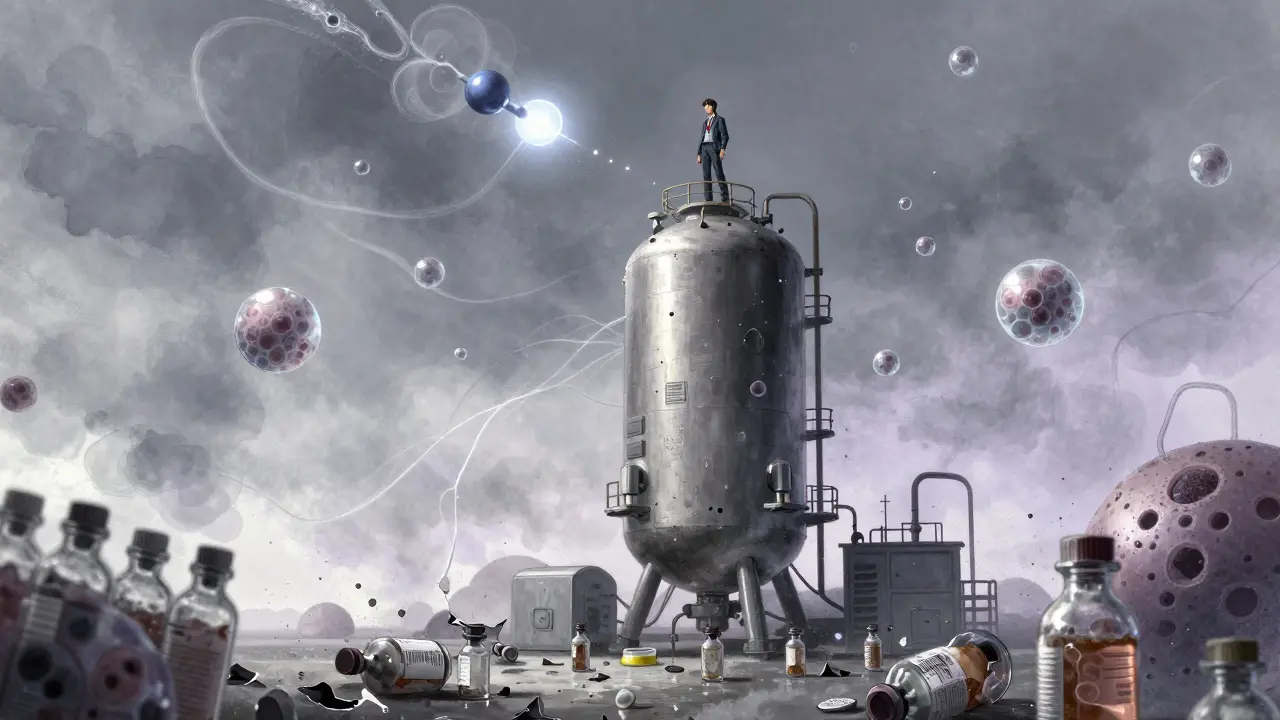 An engineer battles swirling biological forces atop a massive bioreactor in a dreamlike, storm-torn landscape.