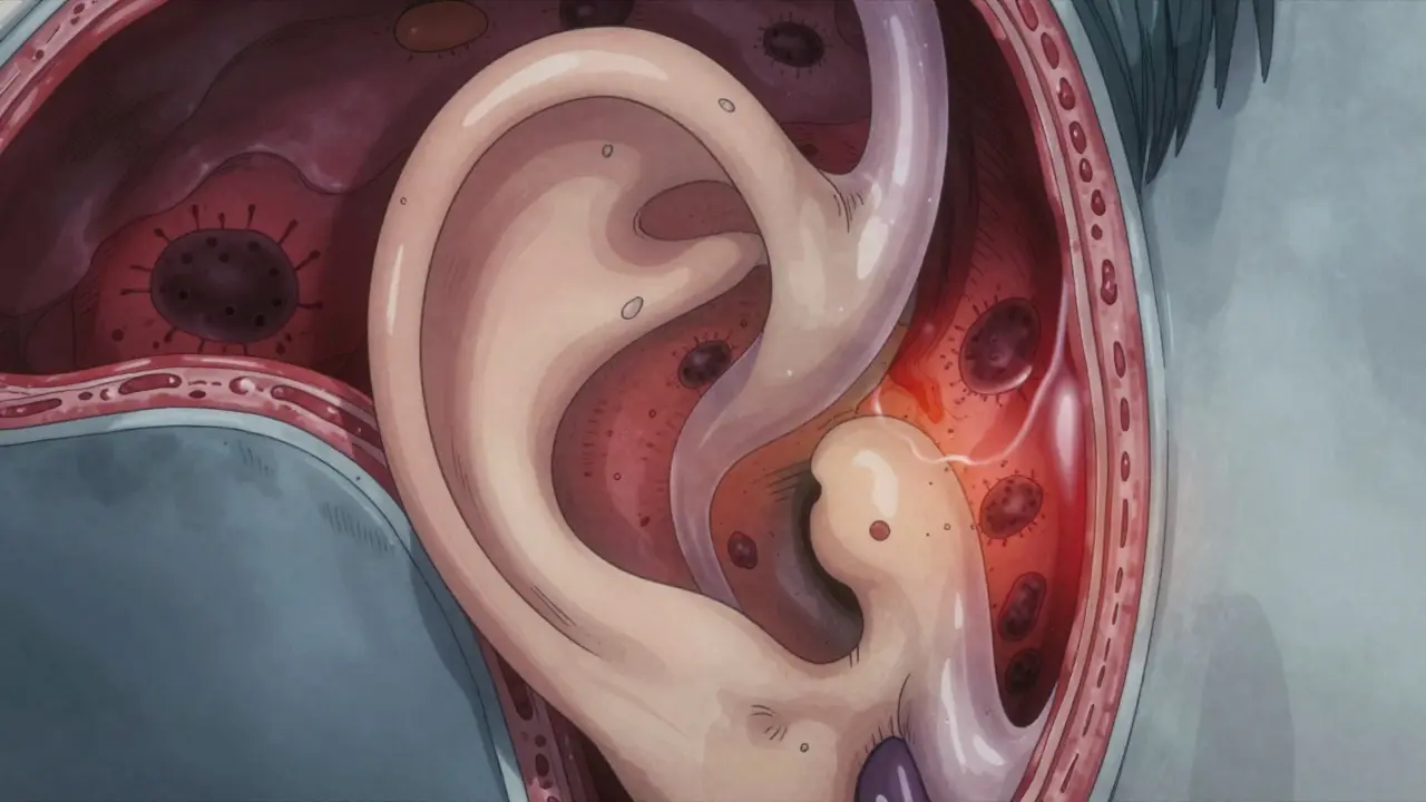 Cross-section ear anatomy showing trapped fluid and inflammation