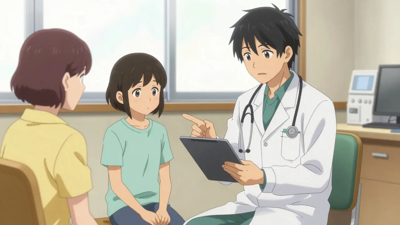 Doctor consulting with healthy child and parent in clinic